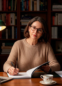 Portrait of Clara Dubois, Senior Content Editor at WinTops Games Ltd, working in a home library office